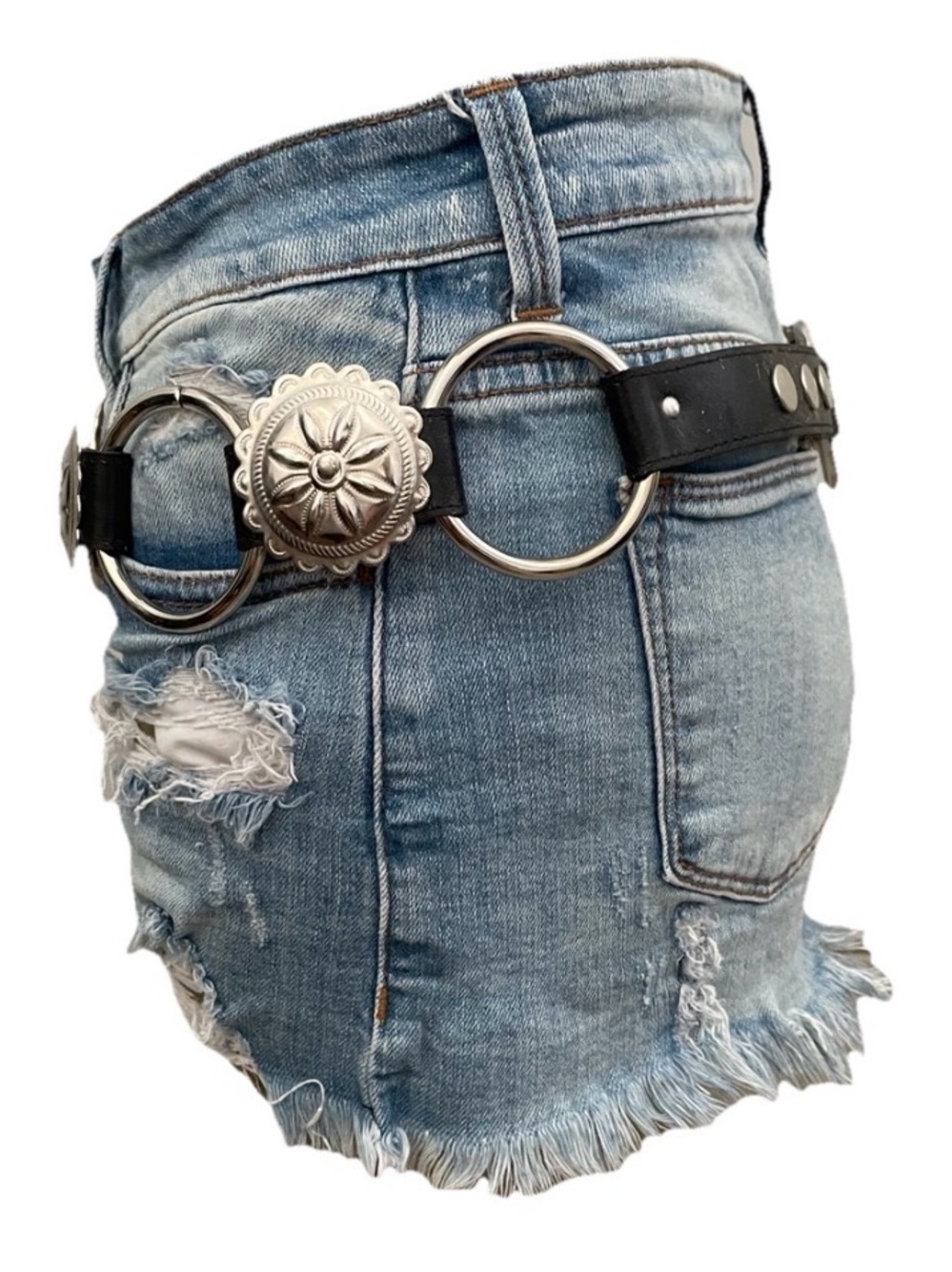 Silver CONCHO and Black LEATHER Western Chain BELT Size M/L - Picture 5 of 6